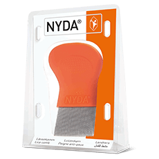 NYDA® Läuse- und Nissenkamm in Verpackung, mit orangefarbenem Griff und feinen Metallzinken.