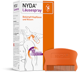 NYDA® Läusespray Produktverpackung mit Kamm, Bekämpft Kopfläuse und Nissen, 10 Minuten Einwirkzeit.