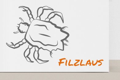 Zeichnung einer Filzlaus mit dem Schriftzug „Filzlaus“ in orange darunter.