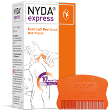 NYDA® express Verpackung mit abgebildetem orangefarbenem Läusekamm, wirksam gegen Kopfläuse und Nissen.