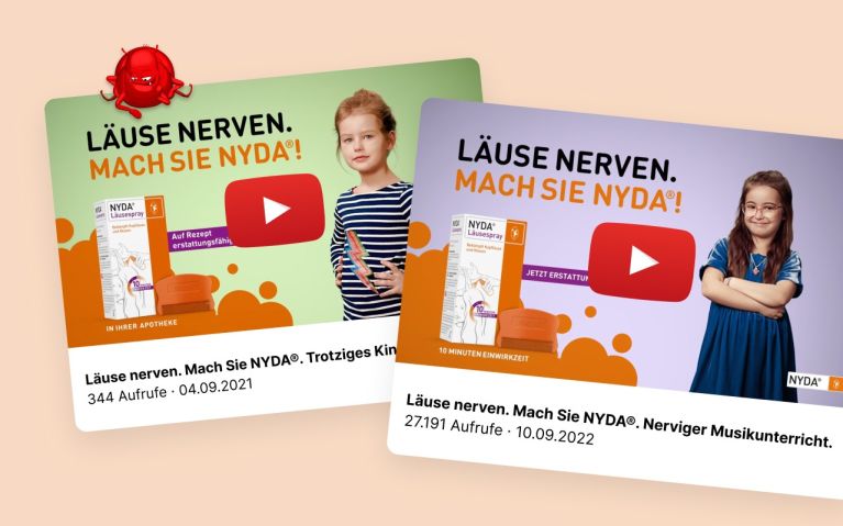 Zwei YouTube-Videos mit NYDA®-Werbung zur Kopflausbekämpfung, jeweils mit einem Bild eines Kindes und dem NYDA® Läusespray im Hintergrund.