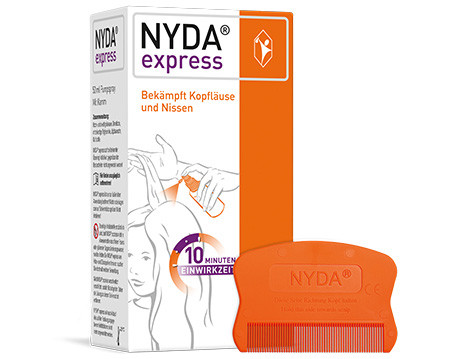 Packshot NYDA® express zur Bekämpfung von Kopfläusen und Nissen mit Läusekamm und 10 Minuten Einwirkzeit.